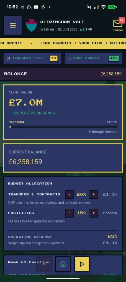 Club finances — £7.0m club value, £6.2m balance, and budget allocation sliders splitting the pot between transfers, facilities and an operating reserve