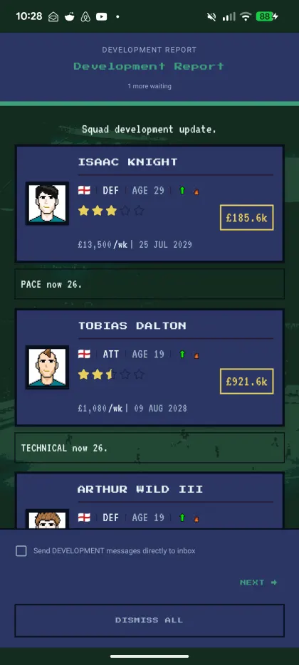 Development report — squad update showing Isaac Knight and Tobias Dalton gaining attribute points