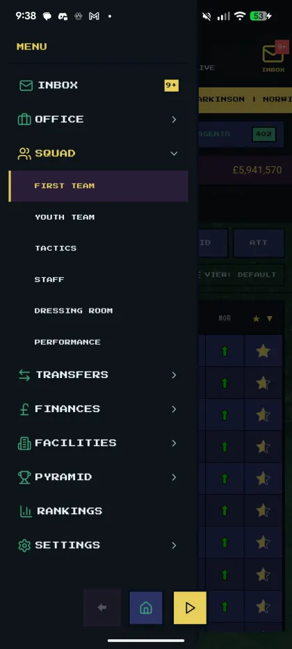 Main navigation drawer with office, squad, transfers, finances, facilities and pyramid