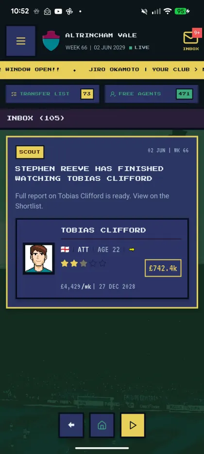 Inbox — a scout has finished watching Tobias Clifford and filed a full report