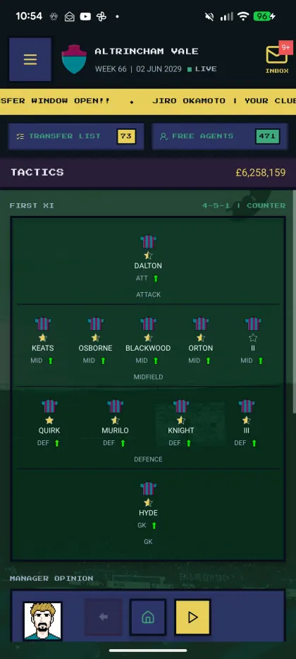 Tactics — first XI laid out in a 4-5-1 counter formation with per-player form arrows
