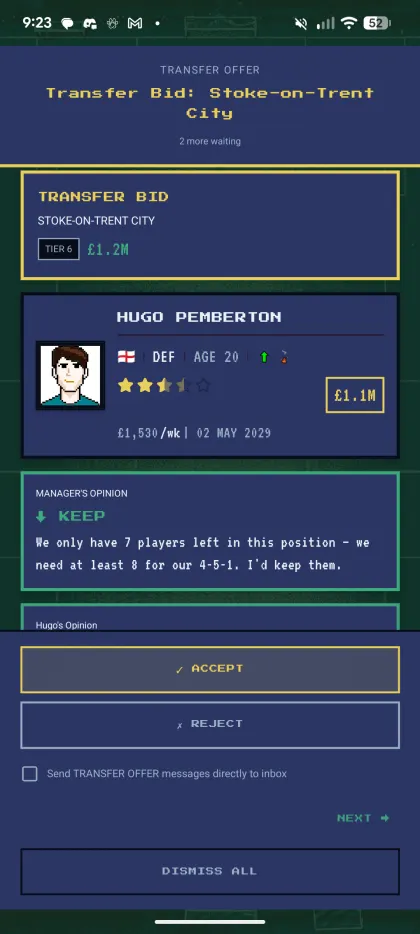 Transfer offer — £1.2m bid from Stoke-on-Trent City for Hugo Pemberton, with the manager advising KEEP